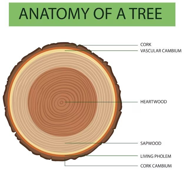 Diagram van de opbouw van een boomstam: schors, cambium, spinthout en kernhout
